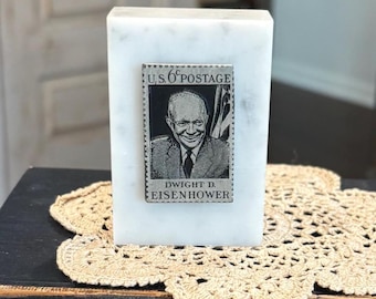 Vintage 1950's Dwight D. Eisenhower Postage Stamp Marble Paper Weight, President Memorabilia, Made in Italy