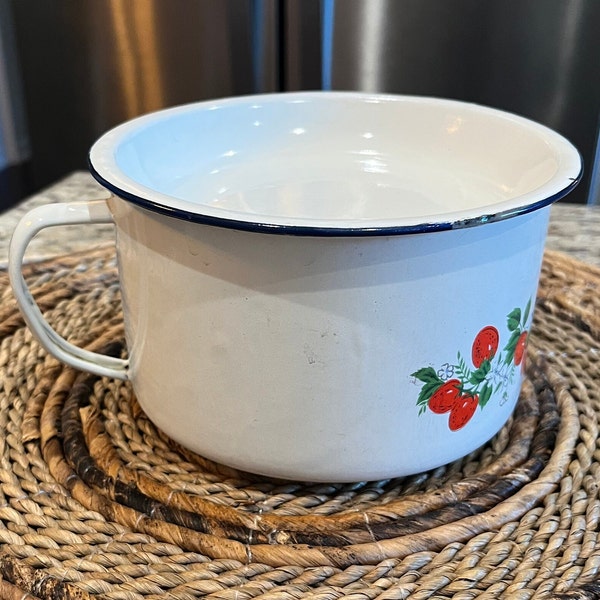 Vintage 1940's Japan Enamelware White and Blue Trim Small Handled Pot, Strawberry Design, Cover