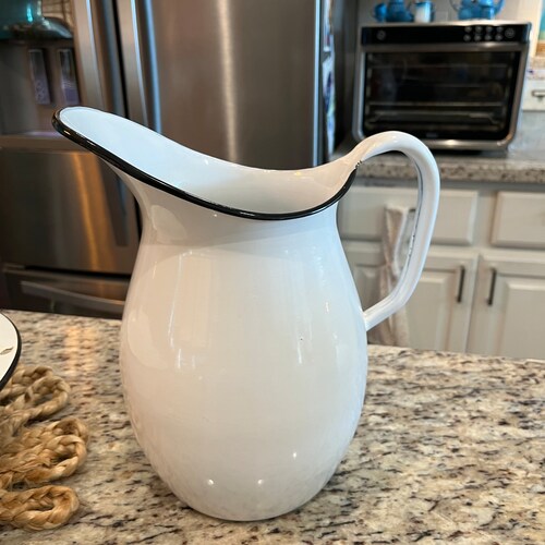 Vintage 1930's Hand Painted Floral Enamelware Pitcher and Wash Bowl Basin, Bathroom Set; Antique White and Black Trim shops Enamel RARE!