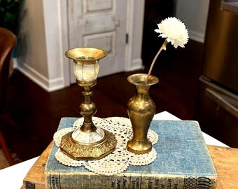 Vintage of Brass Candlesticks, Mother of Pearl Inlay, Neat Vintage Decor 5" and Small Solid Brass Bud Vase