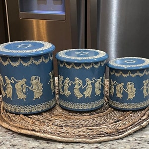 Vintage 1950's Holland Grecian Set of Three Tin Nesting Canister Set Wedgwood Blue Style Goddesses