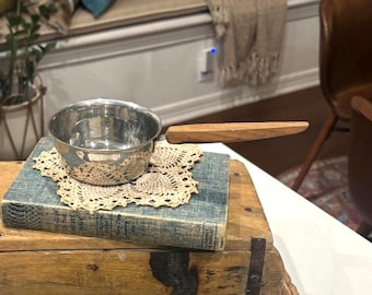 Vintage 1960's Stainless Steel Butter Warmer Pan with Wood Handles, Neat Cooking Tool