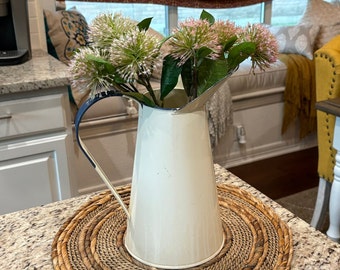 Vintage 1950's Enameled Metal Off-White with Blue Trim Watering Pitcher Can, 11" Tall, Neat Vase, Decor or Photo Prop