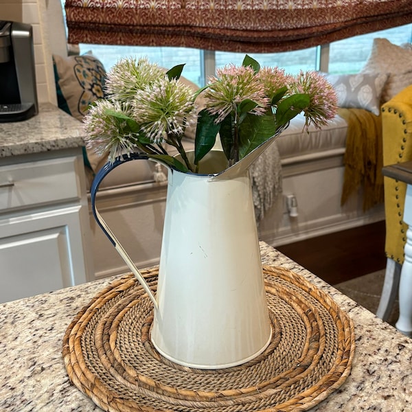 Vintage 1950's Enameled Metal Off-White with Blue Trim Watering Pitcher Can, 11" Tall, Neat Vase, Decor or Photo Prop