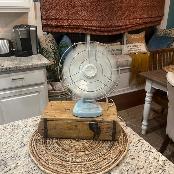 Vintage 1950's Electric Metal, Light Blue Desk Table Fan with Plastic Blades, Works Perfect!