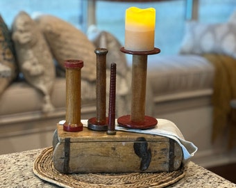 Vintage Early 1900's Set of Four Wood Spools with Red Accents.  Neat Antique Farmhouse Decor