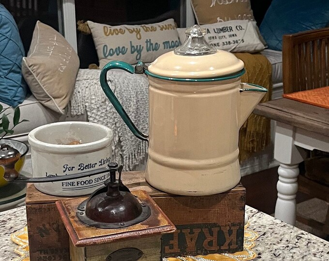 Vintage 1930's Cream and Green Enamelware Coffee Pot, Glass PYRE Lid ...