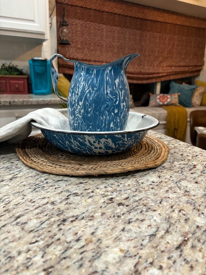Vintage 1900's RARE Blue and White Spatterware, Spongeware Enamelware ...
