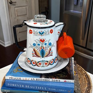 May include: A white enamel coffee pot with a black handle and a clear glass lid knob, decorated with a colorful floral folk art pattern in red, blue, and brown. A small, solid orange enamel mug hangs from the side of the pot's spout.
