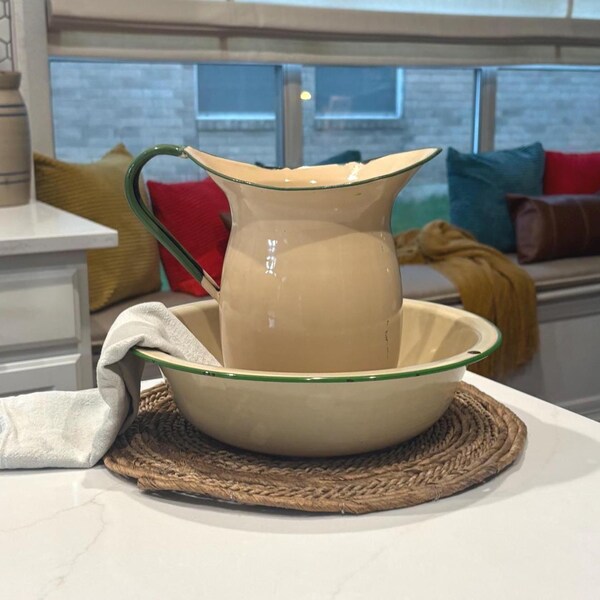 Vintage 1920's RARE Porcelain Enamel Cream and Green Trim Belly Pitcher and Wash Bowl Basin, Bathroom Set; Antique Enamelware, RARE