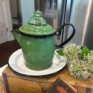 Vintage 1940's Green Enamelware Coffee Pot with Black Trim, Antique Glass Knob, Vintage White and Black Enamelware Plate Set Farmhouse Decor