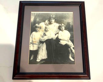Vintage 1910's Original Black and White Photograph of a Mother and Four Children Professionally Framed and Matted in the 1970's 14" x 11"