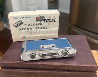 Vintage 1960's Japan FOCAL Royal Blue Folding Opera Glasses or Binoculars, 2.5 x 25MM Magnification Precision Made, Original Box Work!