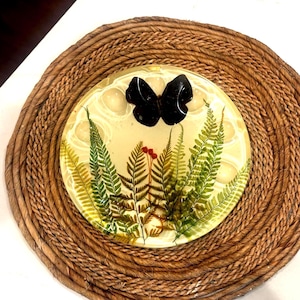 May include: A circular resin tray featuring embedded green fern fronds, a small cluster of red berries, and a prominent black butterfly figure positioned at the top. The tray has a smooth, glossy finish with a series of small, circular indentations.