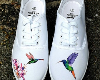 Hummingbird and flowers painted canvas summer shoes