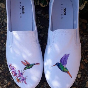 Hummingbird and flowers painted canvas slip on shoes