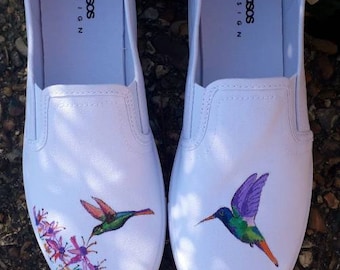 Hummingbird and flowers painted canvas slip on shoes