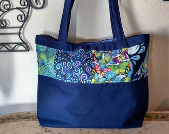 Seaside Lined Tote, Quilted Tote Bag,  Ladies Tote, Shoulder Bag, Shopping Bag, Navy Blue, Butterflies, Ocean, Colorful