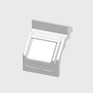 Puede incluir: Una pieza de esquina de plástico blanco con una abertura rectangular. La pieza tiene una superficie lisa y ligeramente texturizada.