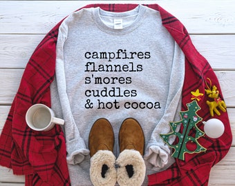 Campfire, Flannels, Smores, Cuddles, Hot Cocoa Sweatshirt / Tshirt || Comfort Colors Tees, Gildan Fleece Lined Sweatshirt