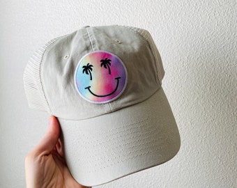 Smiley Face Trucker Hat || Beach Hat, Smiley Face, Tie Dye, Summer Hat, Summer Vibes, Lake Hat, Lake Life