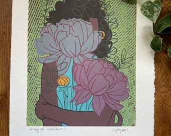 Holding Peonies Silkscreen Print- 11x14” Limited Edition Original Handprinted