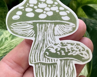 Green Mushroom Linocut Sticker