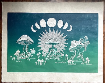 Mushroom Ladies Linocut Print 16x20”- Original Hand-Carved Linoprint