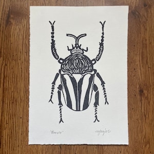 Beetle Original Linocut Print 5x7”