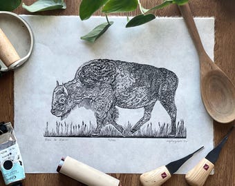 Buffalo Linocut Print 11x14in- “Born to Roam” original hand-carved, hand-printed linoleum relief print