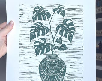 Monstera Vased 11x14 Linocut Block Print- Original Hand-Carved Linoprint
