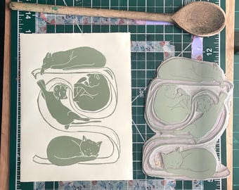 Kittens in Ribbon Linocut Print- Original Hand-Carved Art (8x10")