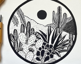 Cactus Garden Linocut Print 11x14”- Original Hand-Carved Linoprint