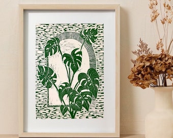 Monstera Leaves v.3| 11x14 in | Original Linocut Print | Wall Art | Linoleum Relief Block Print by Rhiannon Glazier