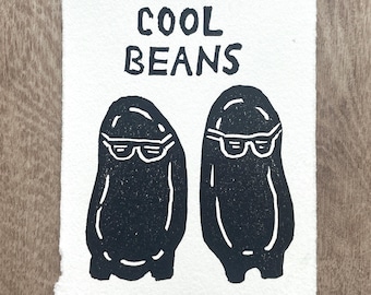 Cool Beans Linocut Print - Hand- Carved Original Art (3x4")