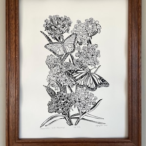 Monarchs and Milkweed Linocut Print 11x14in- Original Hand-Carved Linoprint