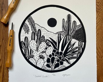 Cactus Garden | 11x14 in | Original Linocut Print | Wall Art | Linoleum Relief Block Print by Rhiannon Glazier