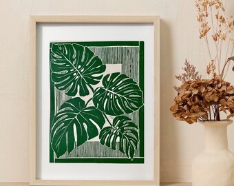 Monstera Leaves v.1 | 11x14 in | Original Linocut Print | Wall Art | Linoleum Relief Block Print by Rhiannon Glazier