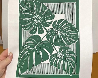Monstera Leaves 11x14 Linocut Print- Original Hand-Carved Linoprint