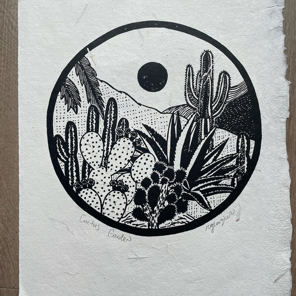 Cactus Garden on Flower Petal Paper | Linocut Original Linoleum Relief Block Print by Rhiannon Glazier