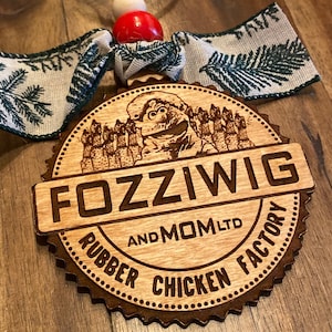 The Muppet Christmas Carol Ornament, Fozziwig and Mom Rubber Chicken Factory Ornament, Fozzie Bear Ornament, Laser Engraved (FREE SHIPPING)