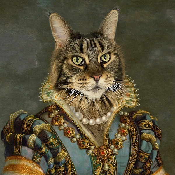 Portrait de chat royal personnalisé, portrait d'animal de compagnie personnalisé, portrait de chat personnalisé, peinture de chat victorien de la Renaissance royale, portrait d'animal de compagnie à partir d'une photo