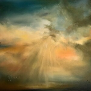 May include: An abstract oil painting depicting a dramatic sky. The artwork features a blend of colors, including teal, yellow, and orange, with light rays emanating from the center. The artist's signature "NJ ART" is visible in the lower left corner.