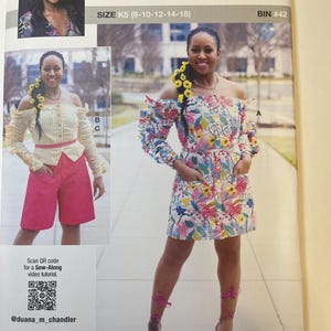 Know Me ME2042 Sewing Pattern UNCUT | Off Shoulder Dress & Top + Shorts Set | Ruffle Sleeve Blouse Pattern | Wrap Tie Top | Duana Chandler