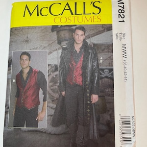 May include: McCall's Costumes sewing pattern M7821 in size MWW (38-40-42-44). The package features a long black coat, a red patterned vest, and a black shirt. The cover displays a person wearing the costume and a smaller inset showing the vest.