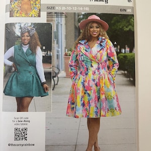 May include: A sewing pattern package featuring a woman in a colorful coat and dress. The package includes the text "KNOWME" and "SIZE K5 (8-10-12-14-16)". The package also includes a QR code and the text "Designed and printed in USA".