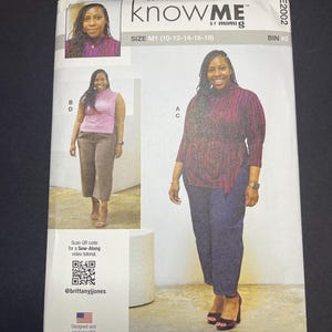 May include: A sewing pattern package with the text "knowME by mimi g" and size information. The package features images of a woman wearing the garments. The package also includes a QR code and the text "Designed and printed in USA."