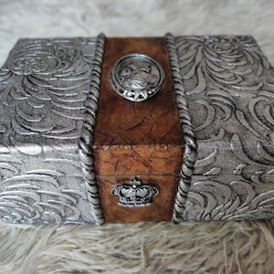Large Handcrafted wooden storage box,felting details and mixed art techniques. Royal figure on a box jewellery, ready for family heirlooms.