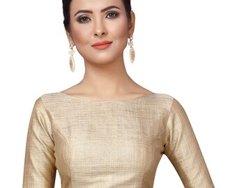 Golden Art Silk Elbow Length Lace Sleeves New Indian Designer Readymade Blouse For Women Wedding Wear Saree Choli Top Tunic SariBlouse