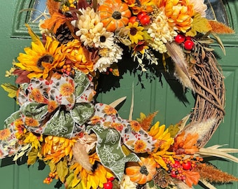 Classic Seasonal Front Door Wreath, Fall Wreaths, Grapevine Wreath with Handcrafted Bow, Sunflowers